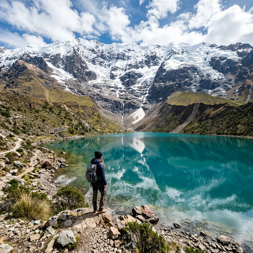 Una persona frente a una laguna de montaña con picos nevados.