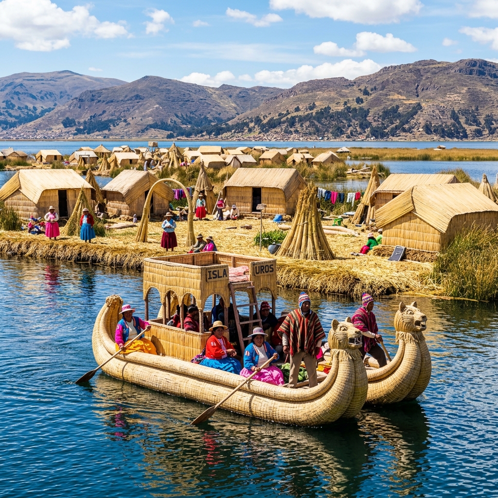 Bote de madera con personas en ropa tradicional y cabañas de totora en el Lago Titicaca.