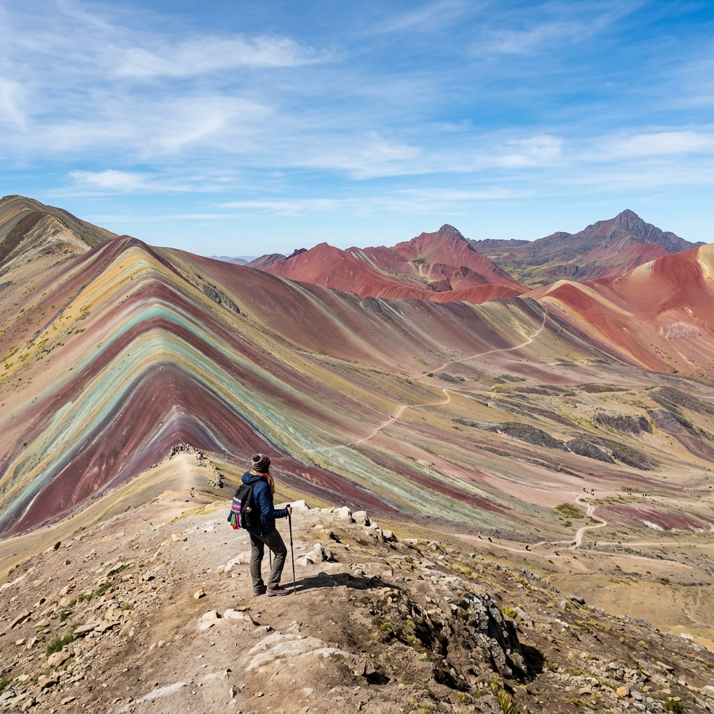 Paisaje de la Montaña de Siete Colores con un excursionista.